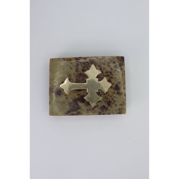 Religious Gift, Stone Trinket Box with Brass Cross Inlay, 4x3" - Picture 9 of 11